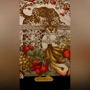 Salvadore Ferragamo Scarf. 100% Silk. Hand Rolled. Forest/Tiger Motif.